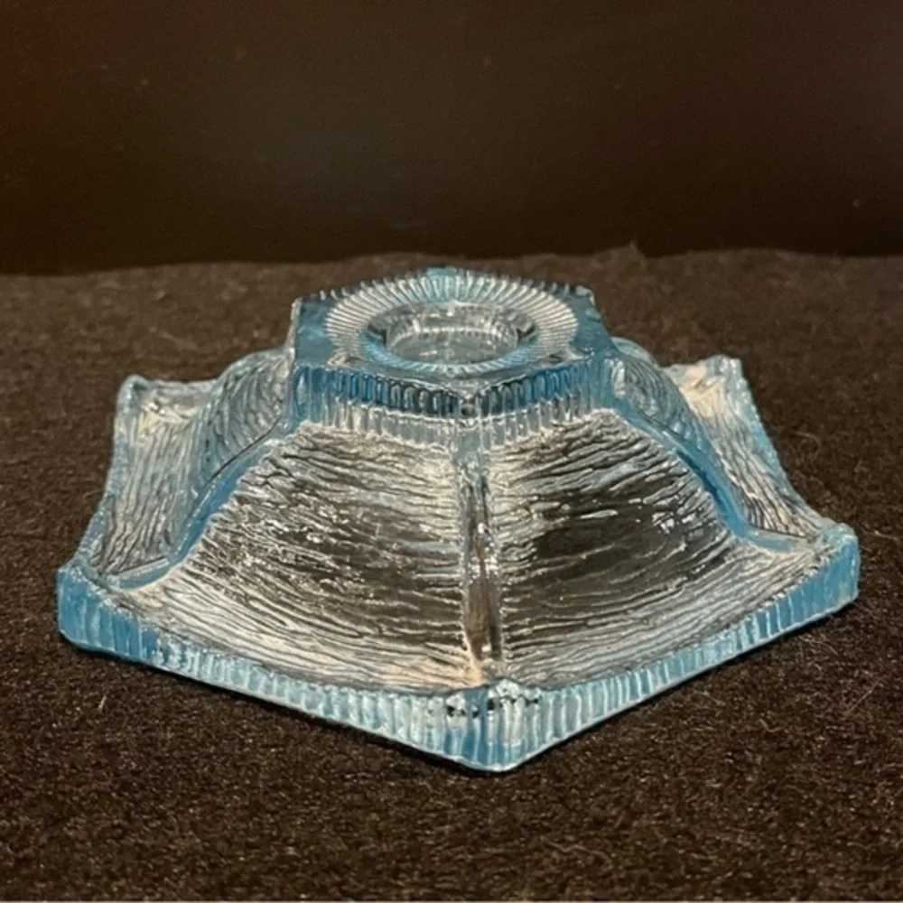 Vintage LE Smith Ice Blue Etched Glass Candlestick Holder